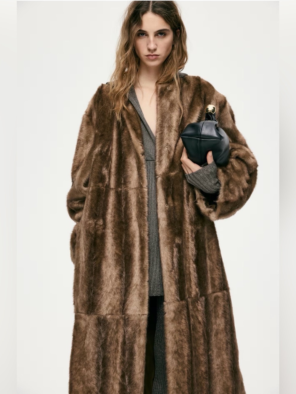 Viral H&M Fur Coat With Scarf-Detail New Luxurious Brown Faux Fur Coat Sz Small - Picture 3 of 14